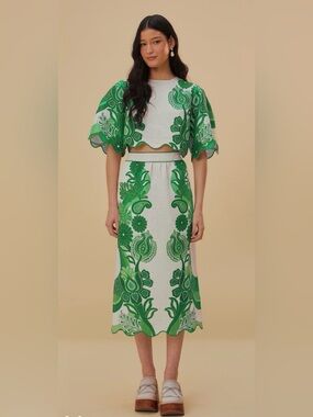 FARM Rio Green Color Festival Linen Midi Skirt